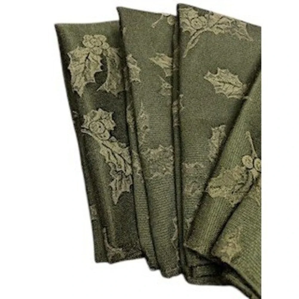 Holiday Jacquard Cloth Napkins Set of 5 Green Holly Leaves Christmas Linens